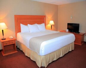 Guest room with a king bed, TV, and bedside tables at Days Inn Edmonton Downtown.