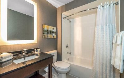 Guest bathroom with a bathtub and vanity at Comfort Inn Winnipeg Airport.
