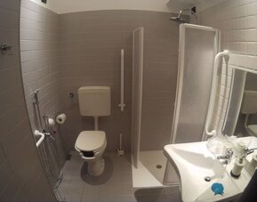 Accessible bathroom with roll-in shower, grab bars and modern fixtures at Dolce Vita Rooms & Breakfast.
