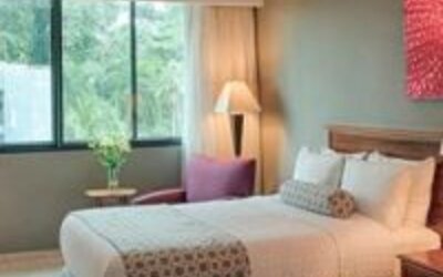 Comfortable guest room with two double beds, large window and modern amenities at Crowne Plaza Panama.