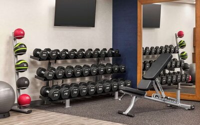 Modern fitness center featuring free weights, adjustable bench, medicine balls and strength training equipment at Hampton Inn Chicago O'Hare.