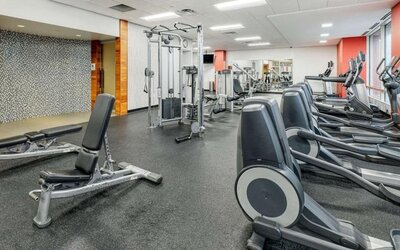 Fully equipped fitness center with cardio machines, strength equipment and free weights at Royal Sonesta Minneapolis.