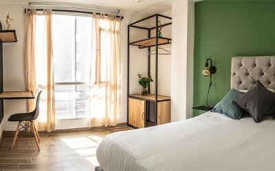 Guest room at 103 Wonderful House featuring a comfortable bed, green accent wall, workspace and large windows with natural light.