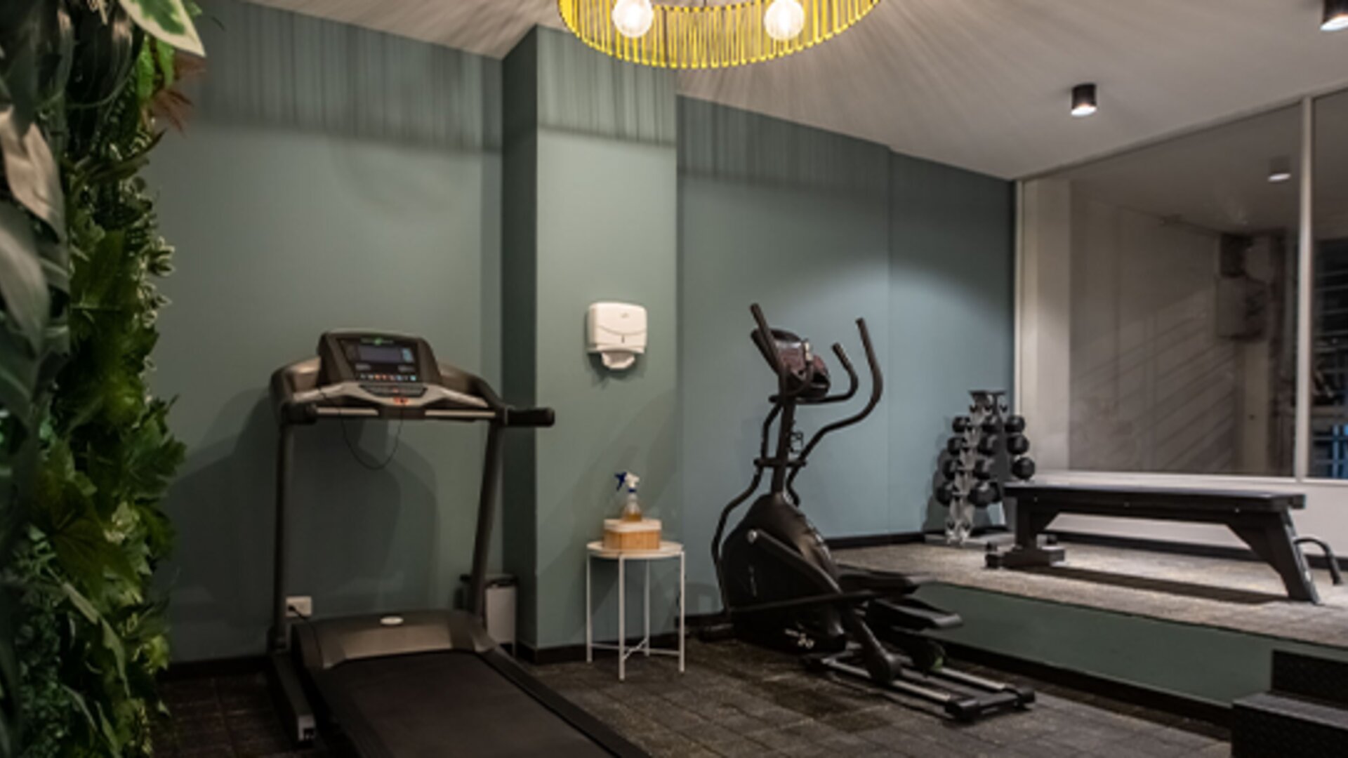 Fitness room at 103 Wonderful House equipped with a treadmill, elliptical machine, dumbbells and workout bench.