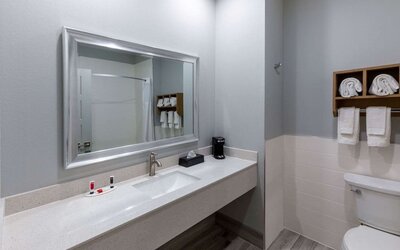 Modern bathroom at Days Inn & Suites By Wyndham Downtown/University Of Houston featuring a spacious vanity, large mirror and fresh towels.