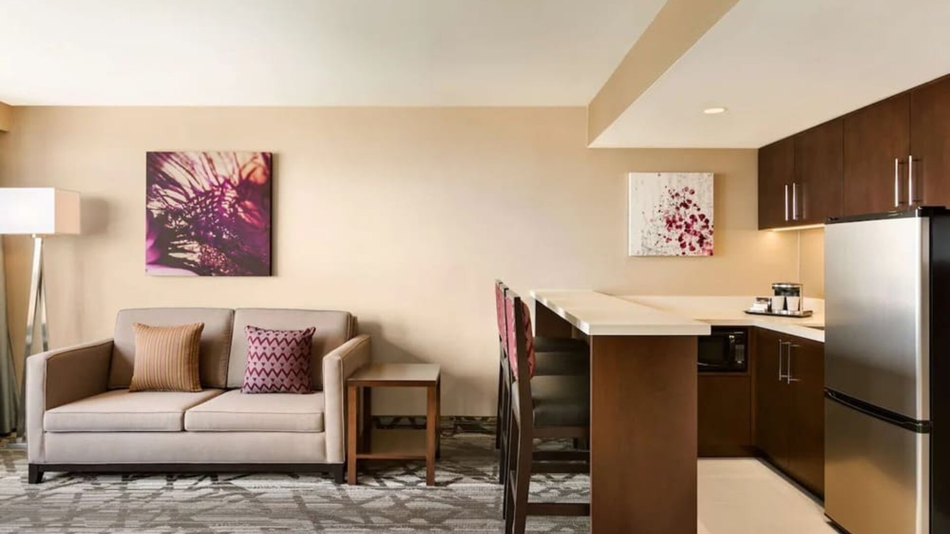 Studio suite with living area and in-room kitchen at the Double Tree Toronto Airport West.