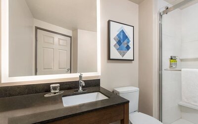 Contemporary bathroom featuring a walk-in glass shower, an illuminated vanity mirror and modern finishes at Candlewood Suites Meridian.