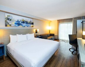 Contemporary guest room featuring a king-size bed, wood-style flooring and a spacious layout designed for comfort at Comfort Inn Truro.