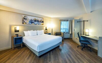 Spacious king room featuring wood-style flooring, a dedicated workspace and comfortable furnishings at Comfort Inn Truro.