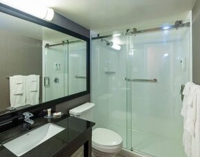 Updated bathroom featuring a walk-in glass shower, a granite vanity and contemporary fixtures at Comfort Inn Truro.