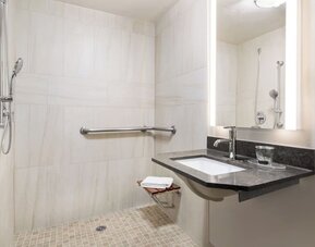 Accessible walk-in bathroom featuring grab bars, a handheld shower and a modern vanity designed for added convenience at Candlewood Suites Boise.