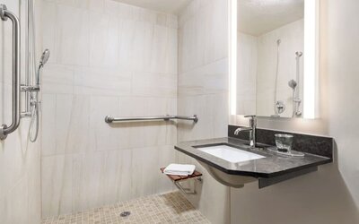 Accessible walk-in bathroom featuring grab bars, a handheld shower and a modern vanity designed for added convenience at Candlewood Suites Boise.