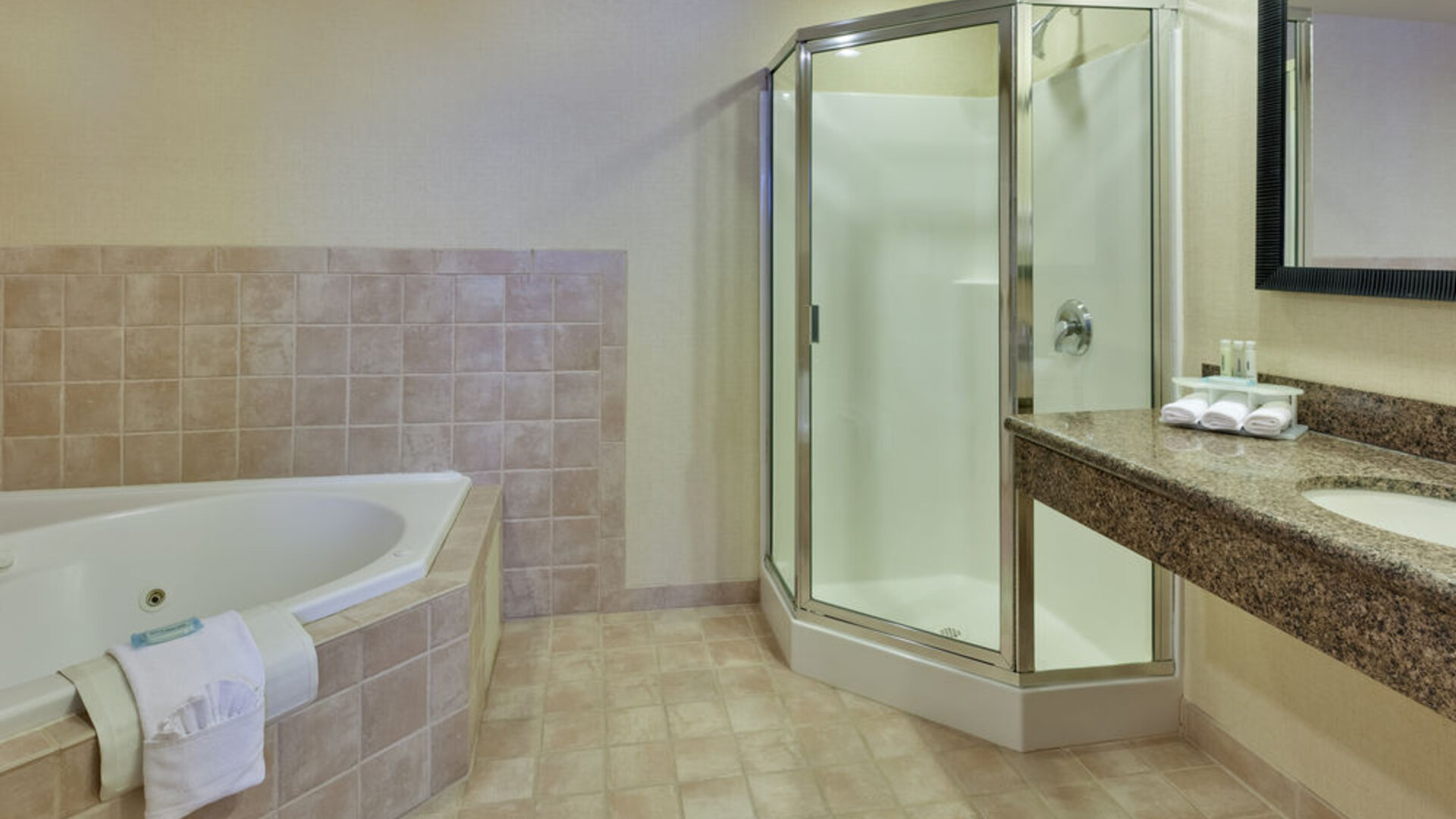 Bathroom featuring a soaking tub, a glass-enclosed shower and a spacious granite vanity at Holiday Inn Express SFO Airport North.