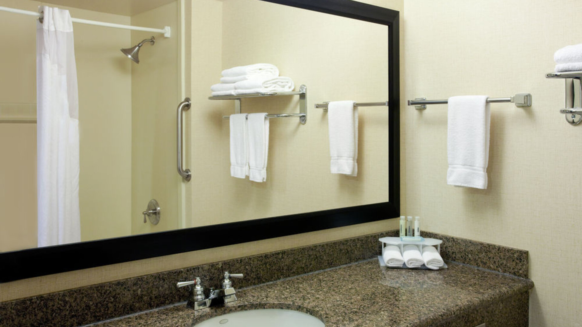 Bathroom featuring a large granite vanity, a wall-mounted mirror and a shower with grab bars at Holiday Inn Express SFO Airport North.