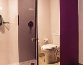 Bathroom featuring a walk-in shower, toilet, contemporary fixtures, and modern finishes at Ibis Styles Mexico Reforma.
