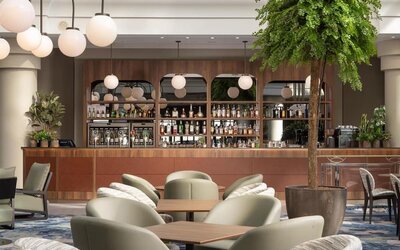 Contemporary hotel bar with upholstered lounge seating, wooden tables, globe pendant lights, plants and stocked bar.