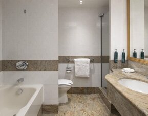 Hotel bathroom with bathtub, glass-enclosed shower, toilet, marble vanity, large mirror and wall-mounted toiletries.