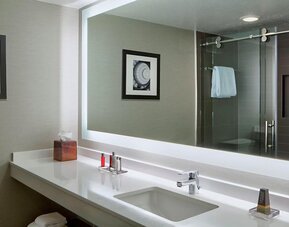 Bathroom featuring a modern vanity, illuminated mirror, glass-enclosed shower, and premium amenities at Houston Marriott South at Hobby Airport.