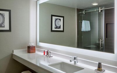 Bathroom featuring a modern vanity, illuminated mirror, glass-enclosed shower, and premium amenities at Houston Marriott South at Hobby Airport.