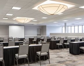 Meeting room featuring classroom-style seating, presentation equipment, and flexible event space at Houston Marriott South at Hobby Airport.