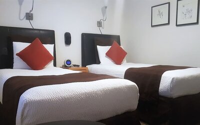 Guest room featuring two twin beds, minimalist décor, wall-mounted lighting, and modern furnishings at The Mosser Hotel.