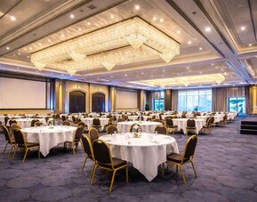 Hotel conference room with round conference tables, chairs, presentation screen, and natural light. 