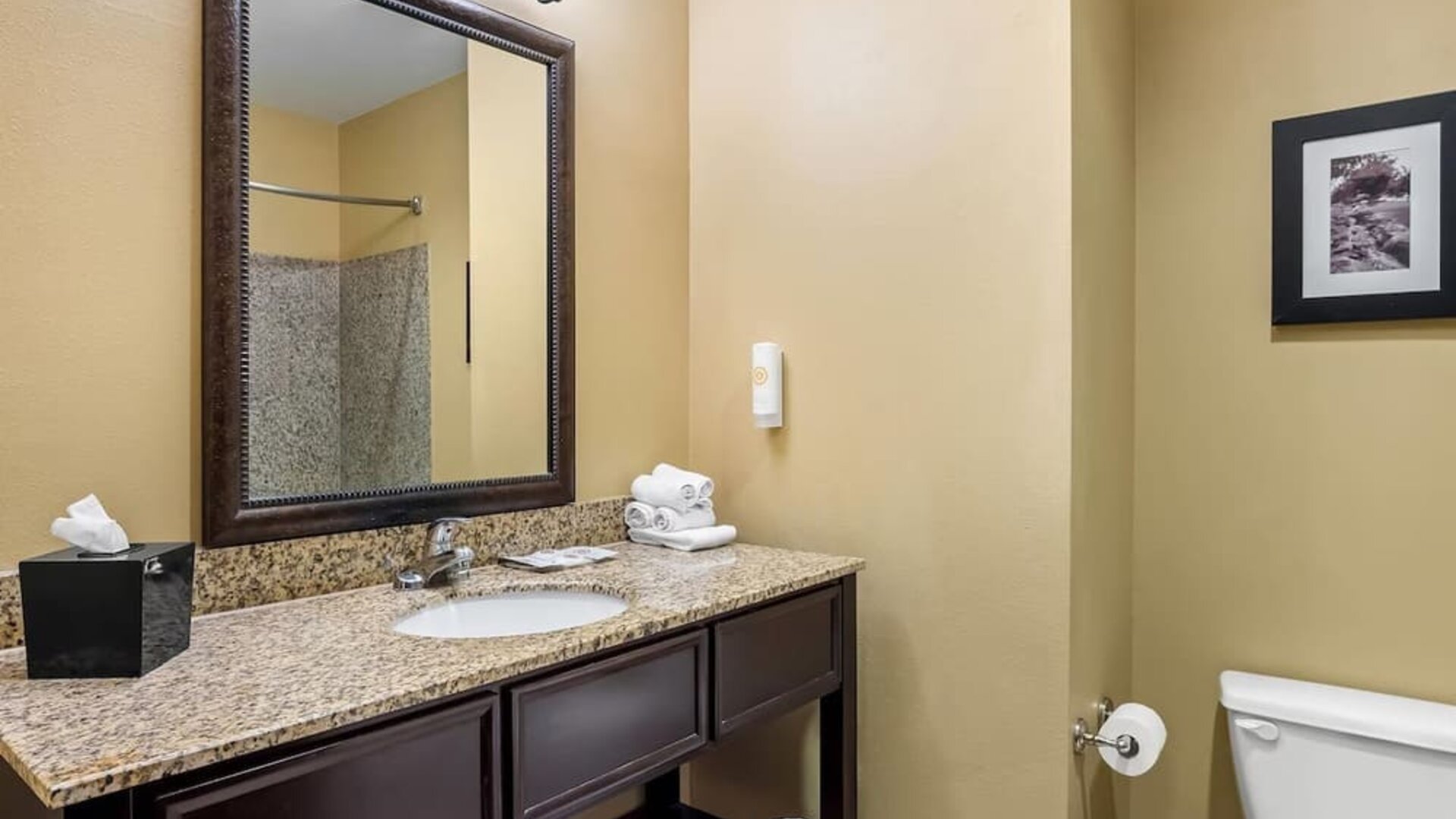 Bathroom vanity with a granite countertop, framed mirror, and separate shower area at Comfort Suites Frisco.