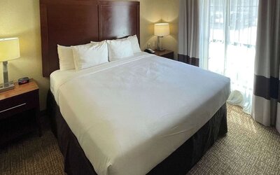 King guest room with a large bed, bedside tables, lamps, and natural light from the window at Comfort Suites San Antonio SeaWorld - Lackland AFB.