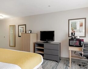Guest room with television, dresser, microwave, coffee maker, work desk, office chair, and king bed at SureStay by Best Western Lewisville Dallas.