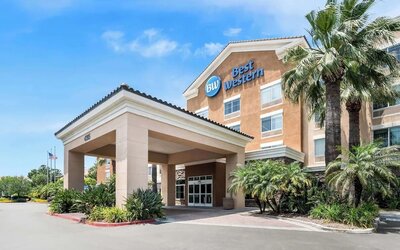 Exterior entrance with covered driveway, palm trees, and Best Western signage at Best Western Ontario Mills Mall.