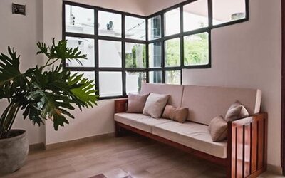Bright lounge area with cushioned wooden bench, large windows, and indoor plant at Múcura Hotel & Spa.