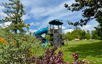 Resort grounds featuring a children's playground with a tube slide surrounded by lawn, trees, and landscaped gardens at SKYLARANNA Resort & Spa.