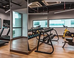 Modern fitness centre featuring treadmills, exercise bikes, free weights, and strength-training equipment at Holiday Inn Express Cartagena Manga.