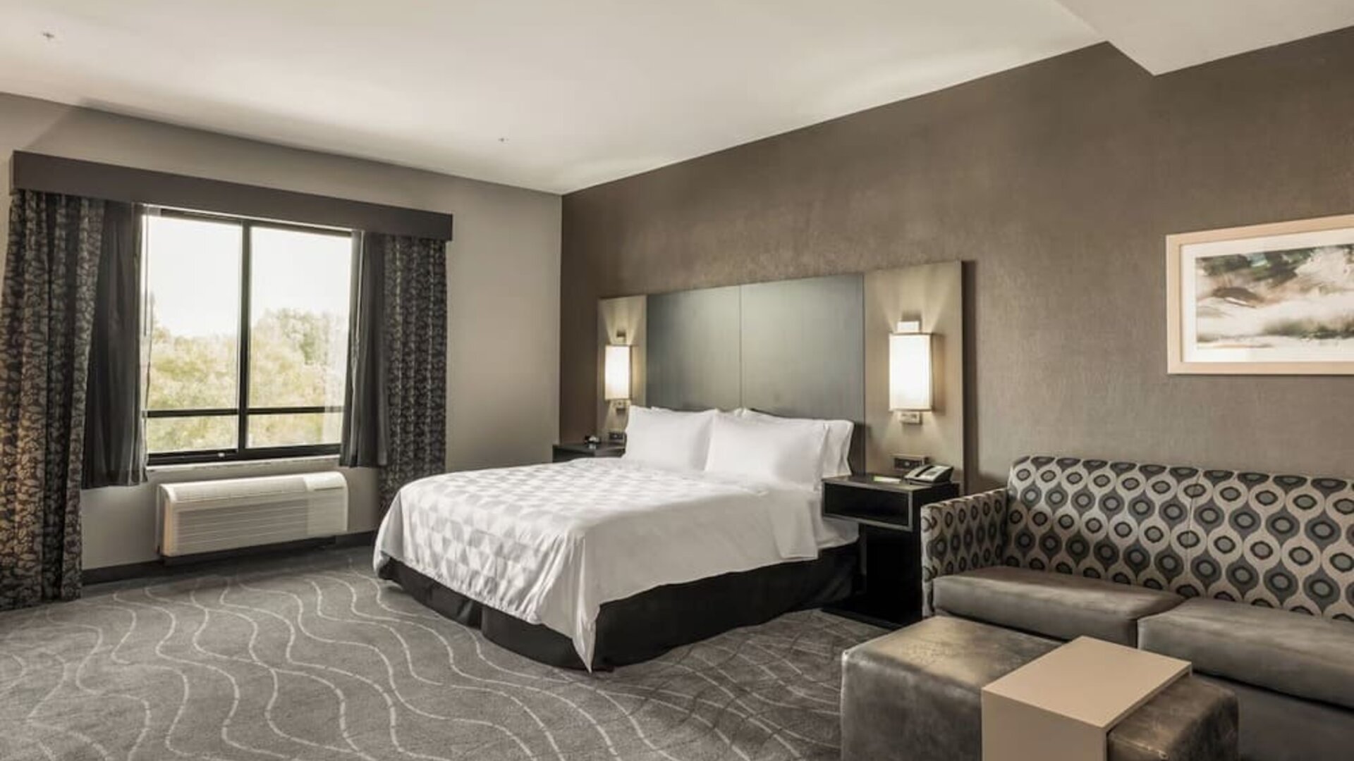Spacious king room featuring a comfortable bed, sofa seating, large window, and modern furnishings at Holiday Inn & Suites Silicon Valley - Milpitas.