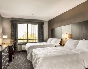 Modern guest room featuring two beds, television, workspace, large window, and contemporary décor at Holiday Inn & Suites Silicon Valley - Milpitas.