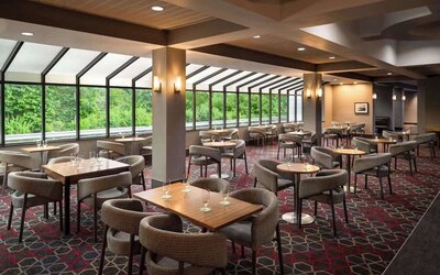 Spacious hotel dining area featuring multiple tables, comfortable seating, and expansive windows overlooking lush greenery at Wyndham Garden Pittsburgh Airport.
