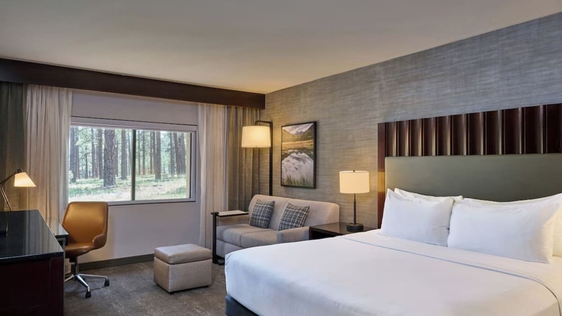 Spacious hotel guest room with a king bed, white linens, bedside lamps, gray sofa and ottoman, work desk and chair, framed landscape artwork, and a large window overlooking a pine forest.