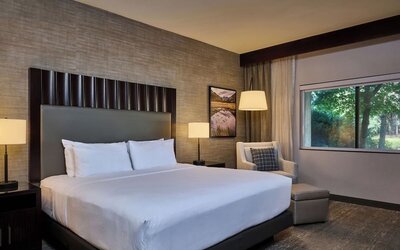 Modern hotel room with a king bed dressed in crisp white linens, tall dark headboard, bedside lamps, upholstered armchair and ottoman, framed artwork, and a large window overlooking green trees.