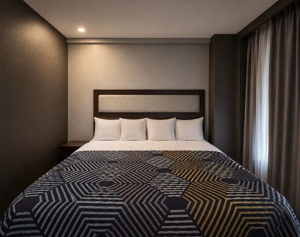 Contemporary king guest room with white pillows, upholstered headboard, dark walls, floor-length curtains, and a bold geometric-patterned bedspread.