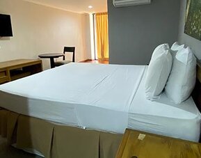 Guest room with double bed, television, desk and air conditioning at Hotel Puerta de Oro.