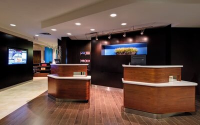 Modern hotel reception area with two curved wooden front desks, dark accent walls, wood-look flooring, track lighting and decorative greenery behind the counters.
