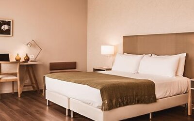 Guest room with a large bed, desk, bedside tables, lamps, and framed artwork at Dazzler by Wyndham Polo.
