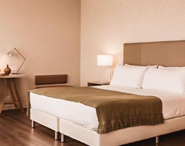 Guest room with a large bed, desk, bedside tables, lamps, and framed artwork at Dazzler by Wyndham Polo.