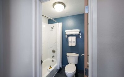 Bathroom with bathtub, shower, toilet, and vanity at Best Western Plus Mountain View Auburn Inn.