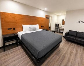 Modern standard king room with a large bed dressed in gray and white bedding, expansive wood-paneled headboard, black bedside tables, black loveseat, microwave, mini refrigerator, vanity area, recessed ceiling lights, wood-look flooring, and minimalist mo