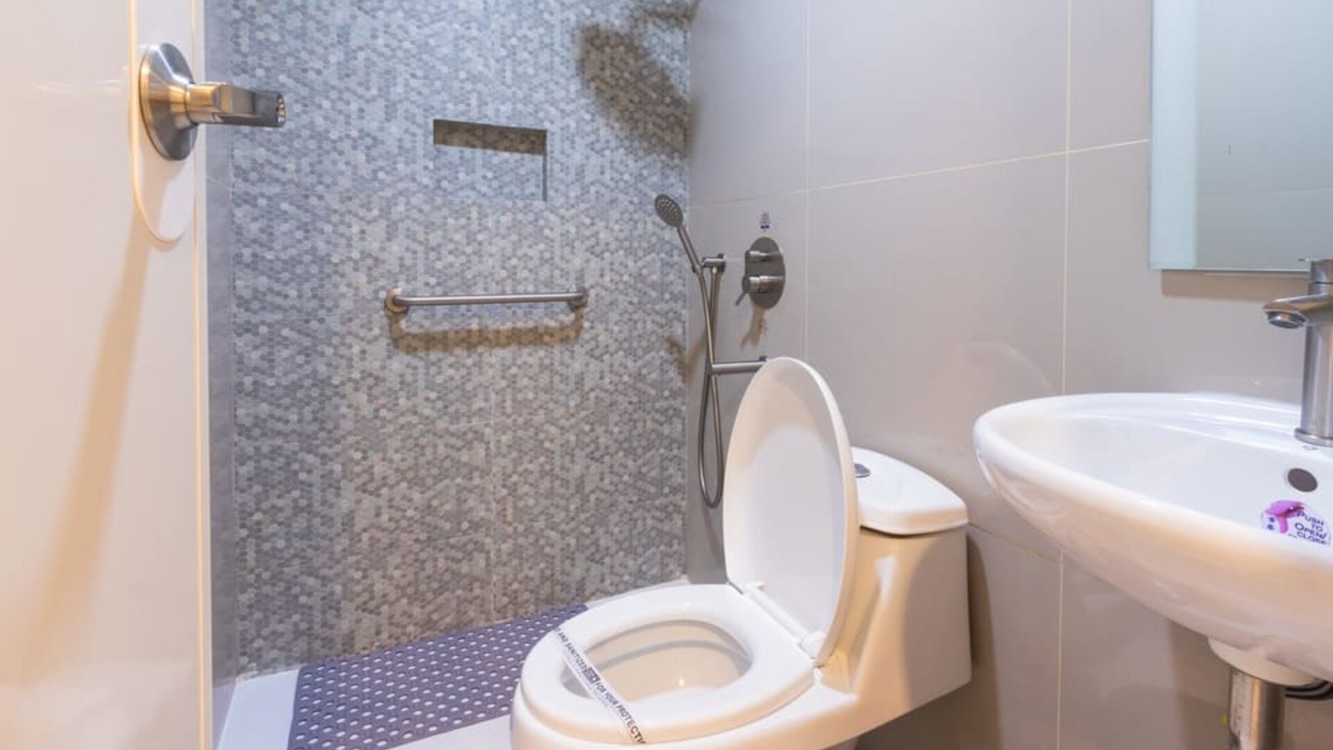 Accessible-style bathroom with a white toilet, handheld shower, wall-mounted grab bar, gray-and-white mosaic shower wall, and white pedestal sink at Hotel Sogo Guadalupe.