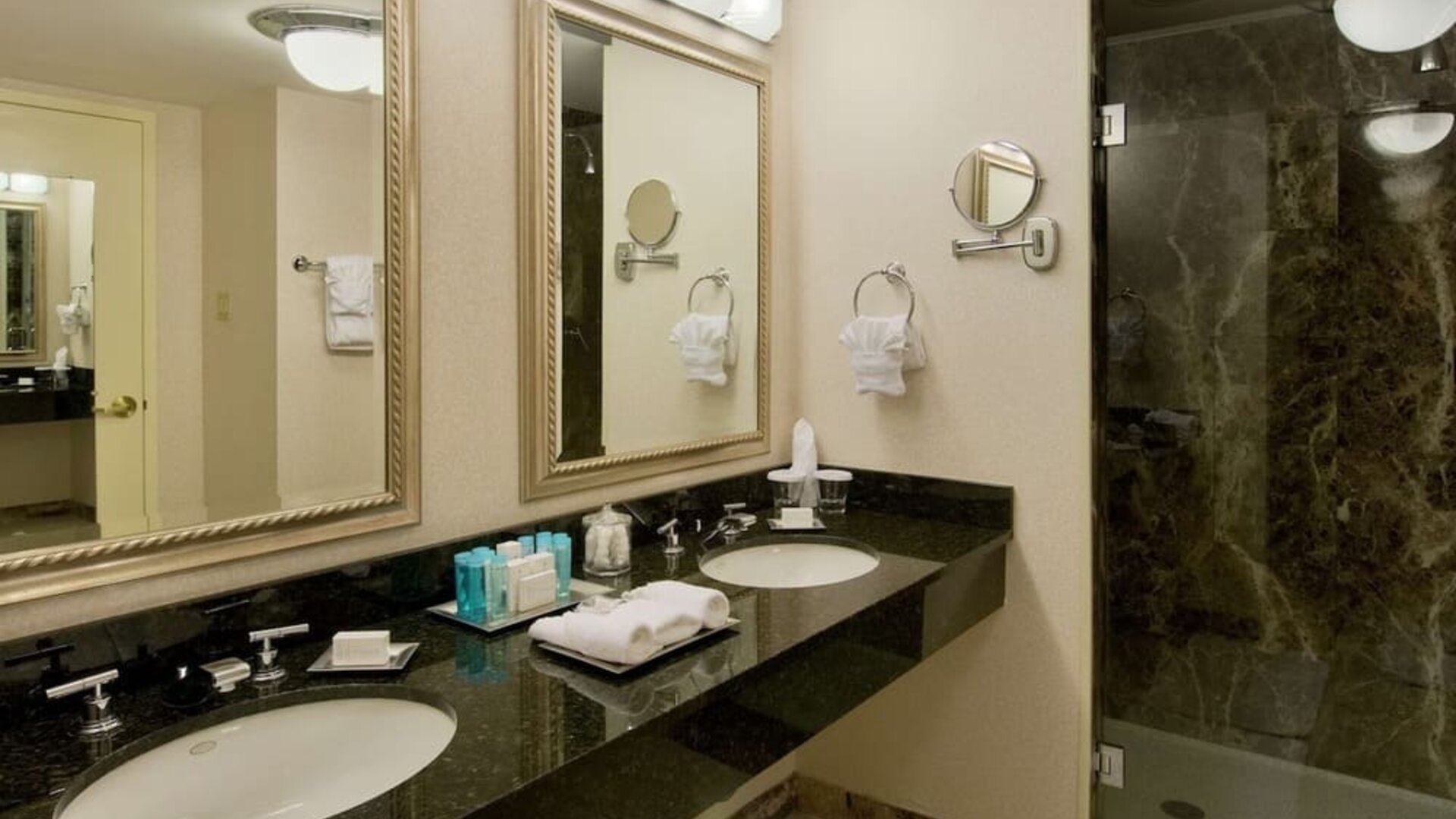 Bathroom with double vanity sinks, large mirrors, toiletries, towels, and a glass-enclosed walk-in shower at Hilton Newark Airport.