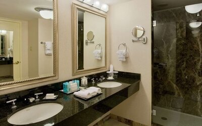 Bathroom with double vanity sinks, large mirrors, toiletries, towels, and a glass-enclosed walk-in shower at Hilton Newark Airport.