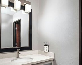 Bathroom vanity with a white countertop, oval sink, modern faucet, large framed mirror, and wall-mounted toiletries at Garner by IHG.
