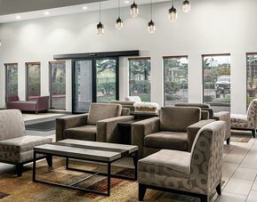 Spacious hotel lobby seating area with upholstered chairs and sofas, large windows, coffee tables, and contemporary decor at Garner by IHG.